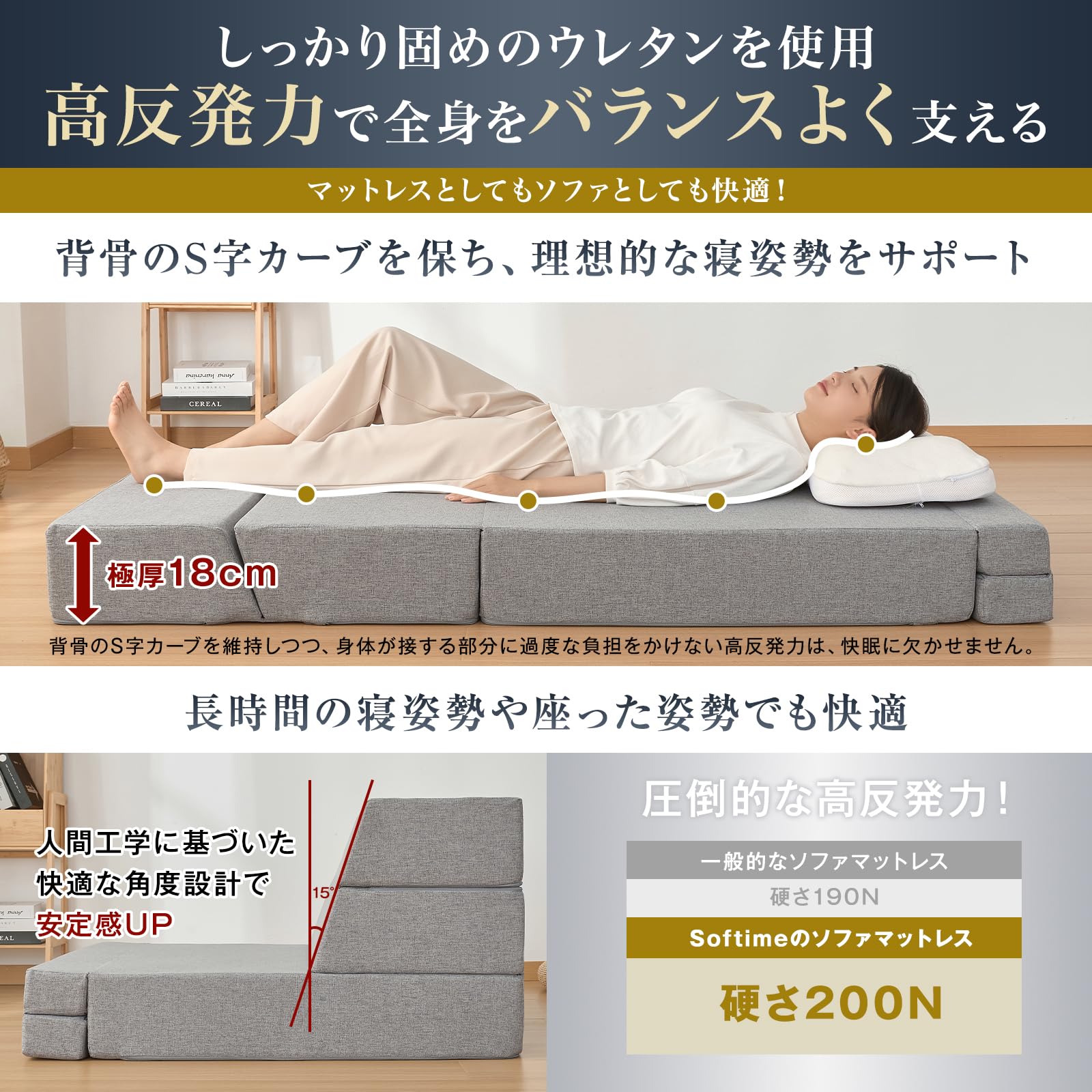 Amazon｜Softime マットレス シングル 極厚18cm 7Way 30D 高反発